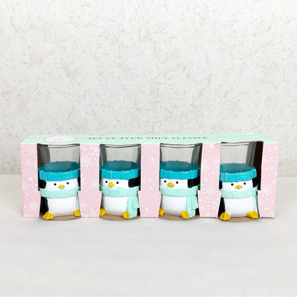 Peppermint & Pine 4 Penguin Shot Glasses Winter Holiday Pastel